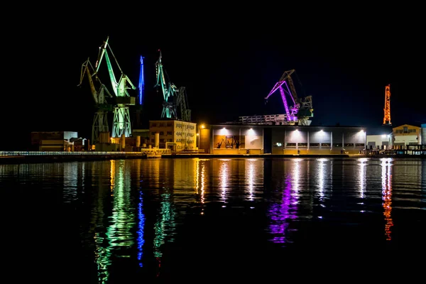 Colorful Illuminated Ship Cranes Harbor Docks Pula Croatia — Stock Photo, Image