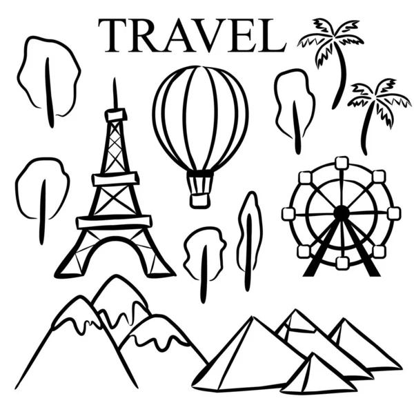 Elementos Dibujados Mano Vectoriales Para Viajes Turismo Conjunto Elementos Vectoriales — Vector de stock