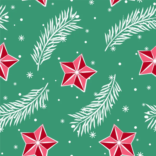 Απρόσκοπτη Διανυσματικό Μοτίβο Κλαδιά Χριστουγεννιάτικου Δέντρου Και Αστέρια Χριστουγέννων Χριστούγεννα — Διανυσματικό Αρχείο