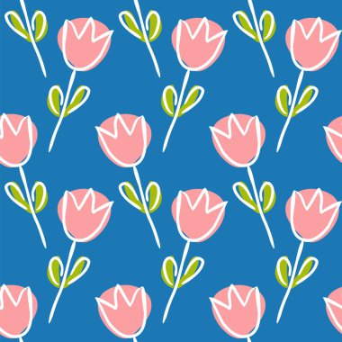 Elle çizilmiş çiçeklerin kusursuz deseni. Mavi arka planda sevimli pembe laleler. Vektör illüstrasyonu.