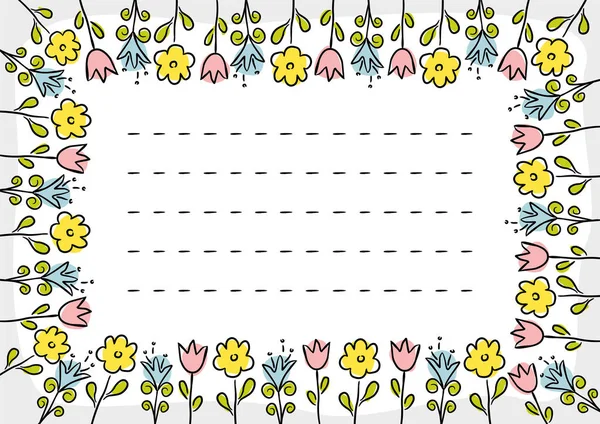 手描きの花の長方形のフレーム 写真フレームやポストカード用ベクトルテンプレート 白い背景に可愛らしい柔らかい花を咲かせます ベクターイラスト — ストックベクタ