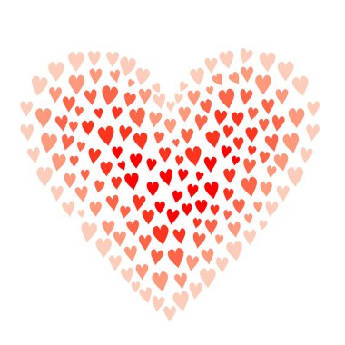 Kalp şeklinde kalpler var. Küçük pembe kalplerden oluşan büyük bir kalp. Aşk, düğün ve Sevgililer Günü temasının şablonu. Kalp deseni.