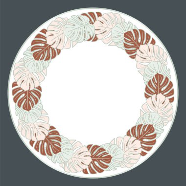 Sanat deco tarzında canavar yapraklı desen. Koyu arkaplanda mavi, pembe ve kahverengi yapraklar. Canavardan Çember Çerçeve.