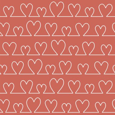 Basit kalp çizgileriyle kusursuz desen. Aşk, düğün ve Sevgililer Günü temalı çizgi sanatı. Pembe arka planda elle çizilmiş kalplerin beyaz hatları.. 