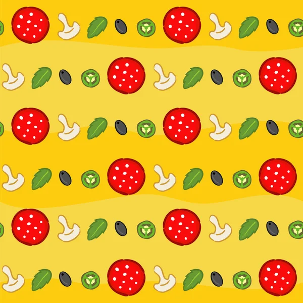 Kusursuz pizza kalıbı. Pizza malzemeleriyle dolu parlak ve sulu sarı arka plan: salam, nane, jalapeno, mantar ve tatlı biber dilimleri. Yemek ve pizza temasını tasarlamak için bir süs..