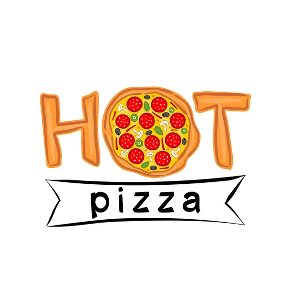 Het Woord Hete Pizza Geschreven Pizzastijl Logo Voor Een Pizzeria — Stockvector