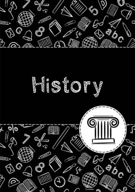 Cover for a school notebook or history book. School Pattern in black and white chalk style. Hand-drawn icon of the ionic greek column. Blank for educational or scientific poster. Archeology theme