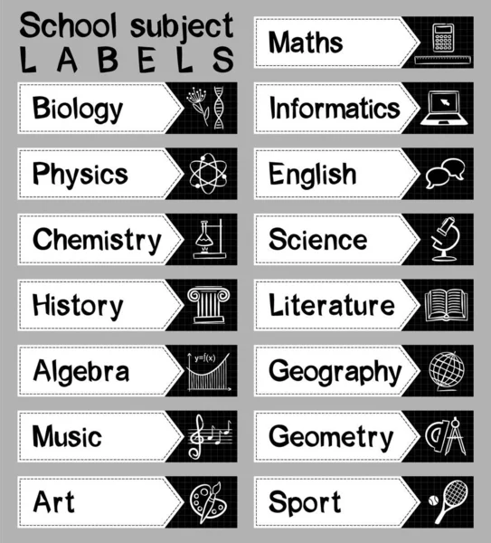 Rechteckige Schwarz Weiße Schilder Mit Namen Und Symbolen Der Schulfächer — Stockvektor