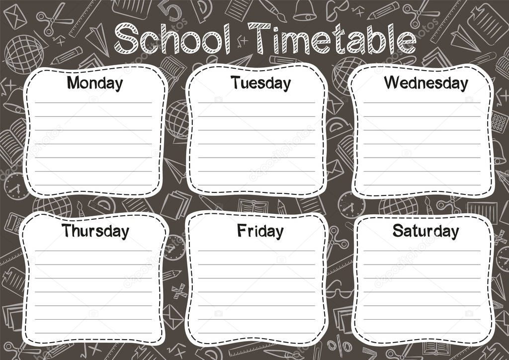 Template of a school schedule for 6 days of the week for students. Vector illustration in black and white chalky styles. Includes hand-drawn elements on a school theme.