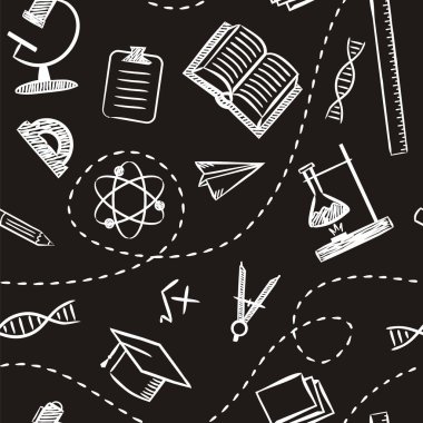 Tebeşir stilinde elle çizilmiş okul unsurlarının kusursuz deseni. Siyah arka planda beyaz darbeler çiziyor. Not defterleri, ders kitapları, okul ve eğitim konuları için arka plan. Vektör illüstrasyonu