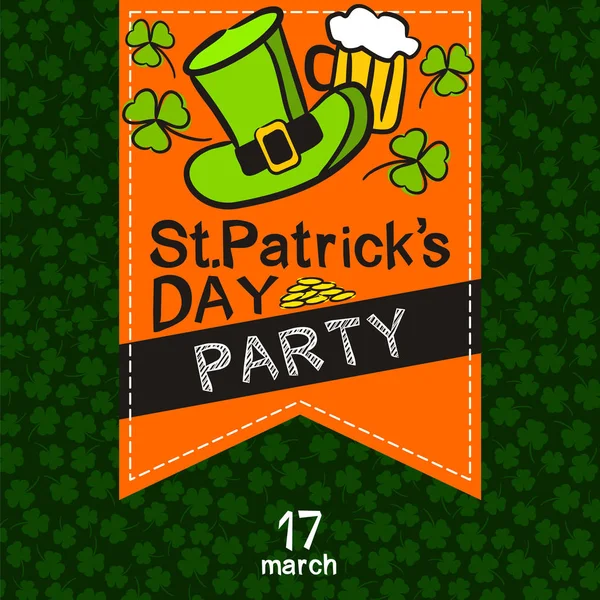 Patrick Day Party Poster Estilo Desenhado Mão Fundo Verde Escuro — Vetor de Stock