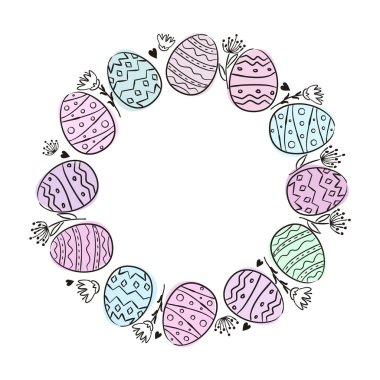 El yapımı paskalya yumurtaları ve çiçeklerden oluşan yuvarlak bir çerçeve. Suluboya lekelerle boyanmış. Tatil kartı ve afiş tasarımı için beyaz arka planda şirin bir paskalya çelengi. Vektör illüstrasyonu