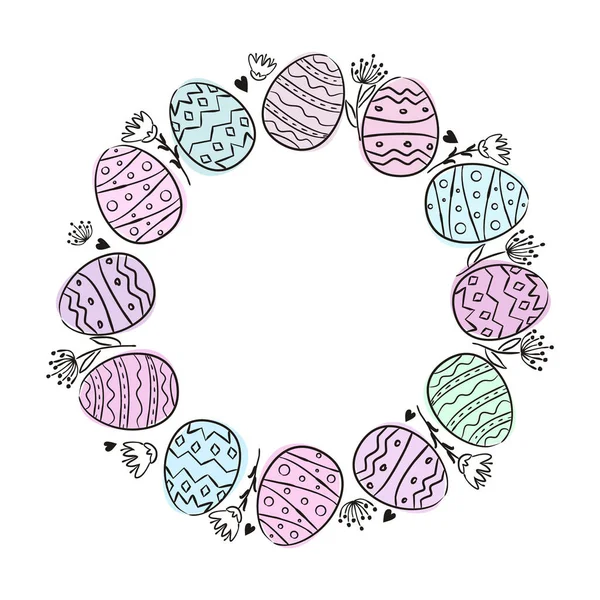 Marco Redondo Huevos Flores Pascua Dibujados Mano Pintado Manchas Acuarela — Vector de stock