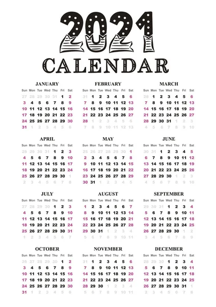 肖像定位中的日历模板 2021年年历 2021年制定12个月的年历 矢量说明 — 图库矢量图片