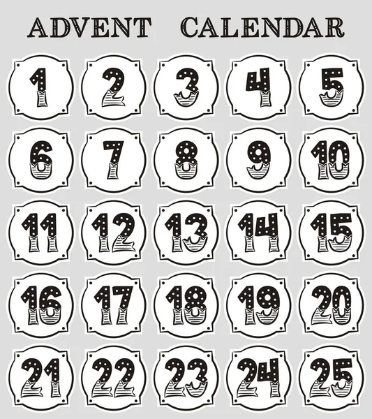 Adventskalender Adventskalender Mit Zahlen Von Bis Adventskalender Handgezeichnet Vektorillustration — Stockvektor