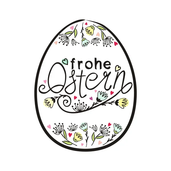 碑文とイースターの卵の形のフレームドイツ語でハッピーイースター 白い背景に隔離されたグリーティングカードのための花とイースタータイポグラフィを手描き ベクターイラスト — ストックベクタ