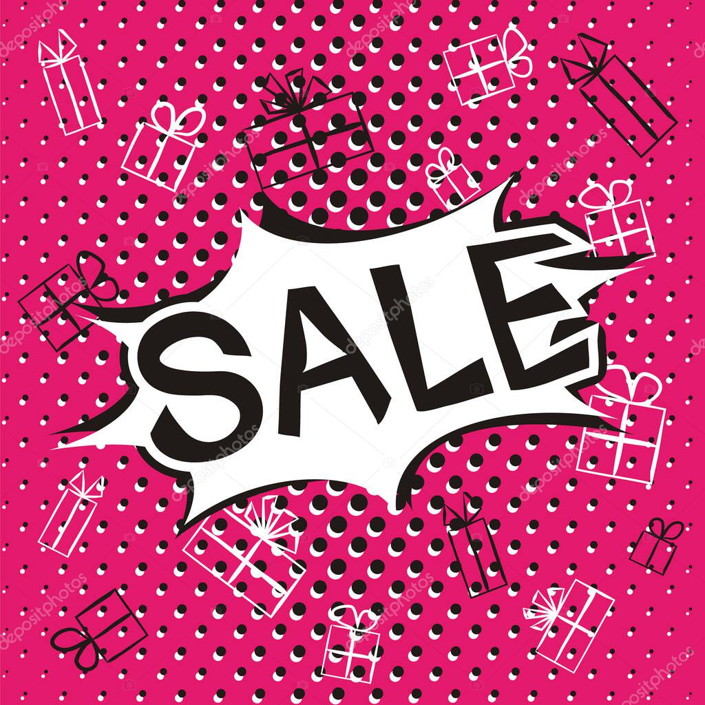 Bright banner for discounts or sales in the style of popart. Explosion on a bright pink background. Template for web design, banners, coupons, applications and posters. Vector illustration.