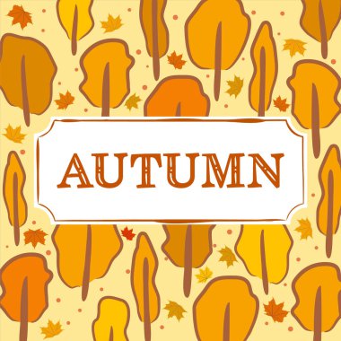 Sezon - Sonbahar. Mevsimlik takvim için desen. Sarı arkaplanda sarı portakal ağaçları ve akçaağaç yaprakları. Beyaz çerçeveli 