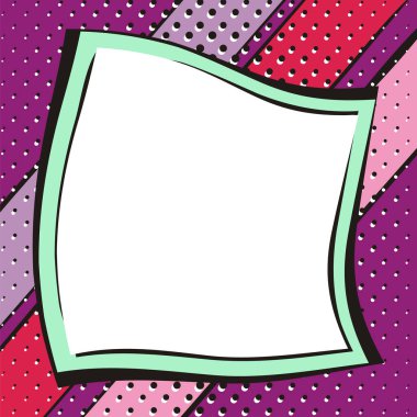 Popart tarzında parlak mor bir arkaplan. Beyaz kutu, buruşmuş kağıt şeklinde metin için. Sosyal medya ileti şablonu için kare web pankartı. Vektör illüstrasyonu.