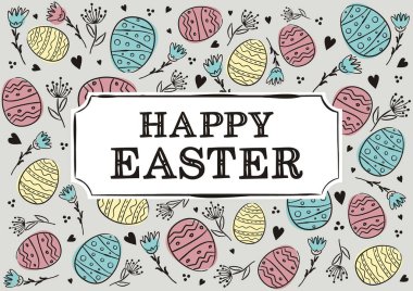 Mutlu Paskalya mektupları. Paskalya tipografisi, tebrik kartları için çiçek ve yumurta ile çizilmiş. Arka planda mavi ve açık yeşil noktalar.