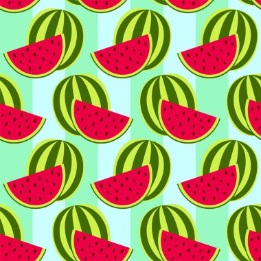 Karpuzlu kusursuz vektör deseni. Mavi çizgili arka planda parlak yeşil ve kırmızı karpuz dilimleri. Yaz illüstrasyonu