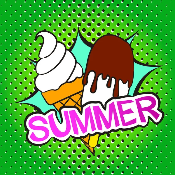 色彩艳丽的夏季插图 爆炸背景下 冰棒上的冰棒和华夫饼筒里的冰淇淋 明亮的绿色点缀背景 横幅或海报的矢量模板 — 图库矢量图片