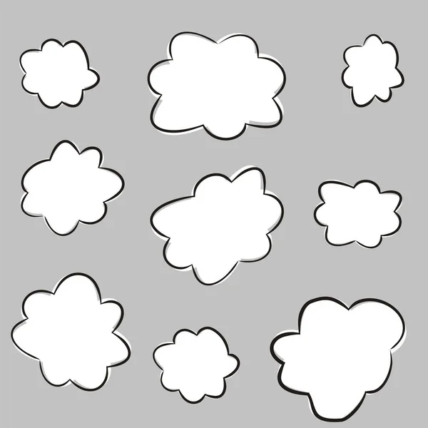 漫画の手描きの雲のセット 黒いストロークで白い雲 バナー ポスター ウェブデザインのためのスピーチバブルのベクトルイラスト — ストックベクタ