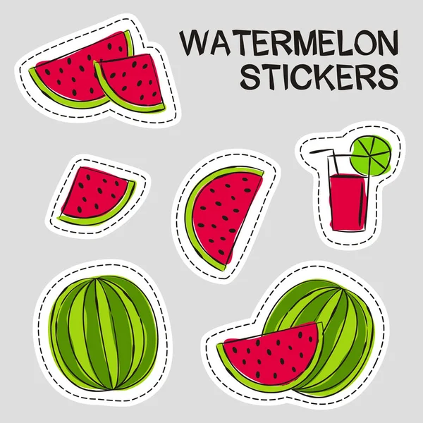 Leuchtend Saftige Aufkleber Mit Wassermelonen Handgezeichnete Ganze Wassermelone Und Scheiben — Stockvektor