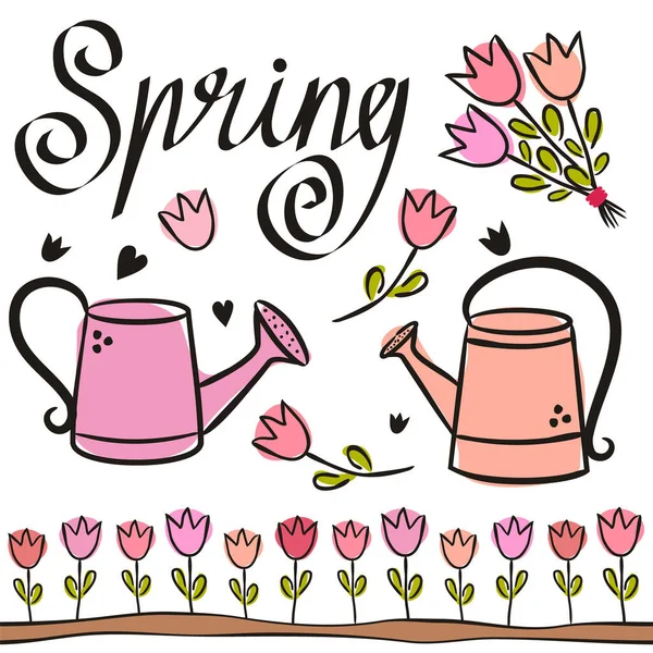 Set Spring Elements Cute Watering Cans Tulips Hand Drawn Cute — Stock Vector