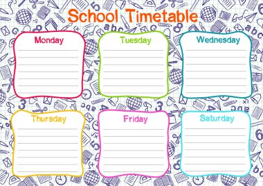 Öğrenciler için haftanın 6 günü için bir ders programı. Renkli karalama tarzında vektör illüstrasyonu. Okul teması üzerine el çizimi unsurlar içerir.