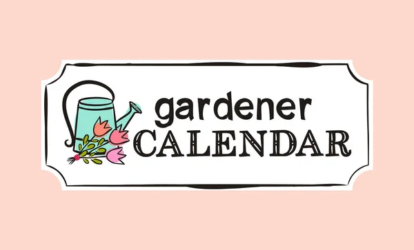 Kopf Für Den Gartenkalender Handgezogene Gießkanne Und Ein Strauß Tulpen — Stockvektor