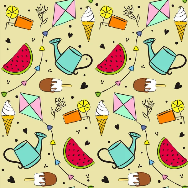 Seamless Pattern Cute Watering Cans Ice Cream Watermelons Kites Doodle — Stock Vector