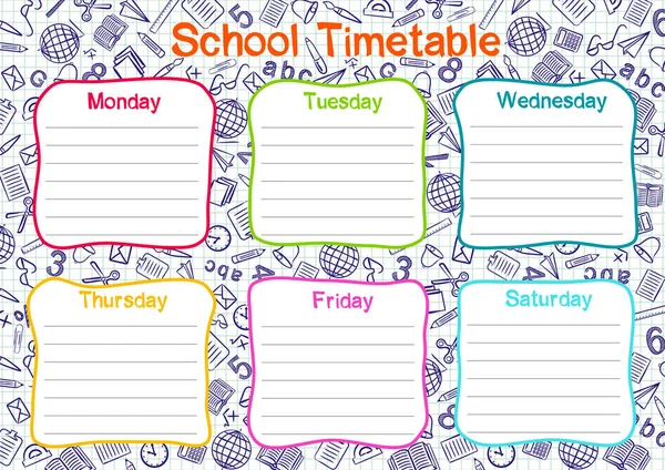 Template School Schedule Days Week Students Vector Illustration Colored Doodle — Stock Vector