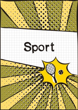 Okul defteri ya da beden eğitimi ders kitabı için. Parlak pop sanat tarzında bir okul modeli. Tenis raketi ve topun el çizimi ikonu. Antrenman ya da spor posteri için boş.