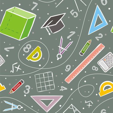 Okul unsurlarıyla kusursuz karalama şekli. Matematiksel nesnelerle desen: cetvel, kare, hesap makinesi, pusula ve diğerleri. Vektör arkaplanı. 