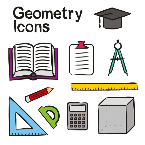 Set of hand-drawn icons on the theme of Maths and Geometry. Pictograms of Ruler, square, protractor, cube, compass, calculator. Vector illustration on the theme of Maths, Geometry or education