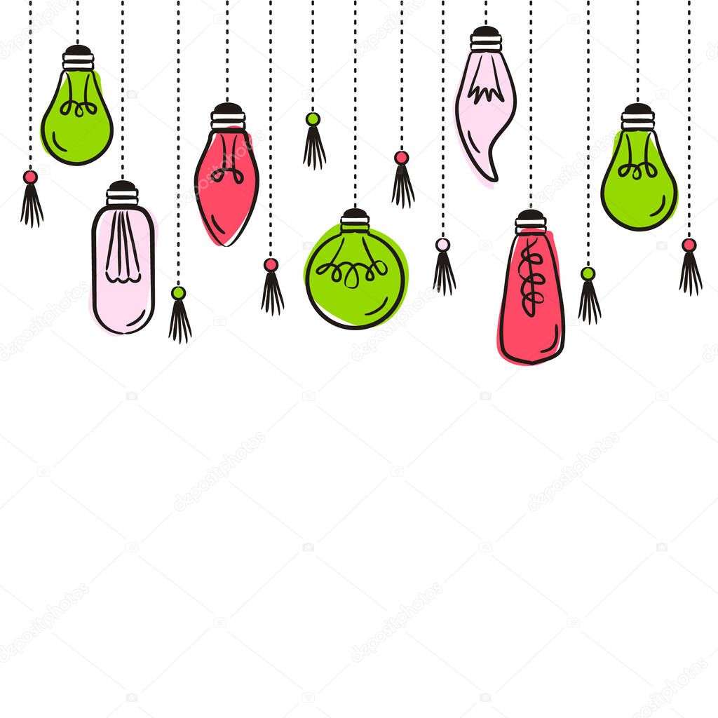 Pattern of hand-drawn light bulbs suspended on chains. Hand made lamps for decorating kids' posters, web and applications. Vector doodle style illustration on electricity, decor and good ideas.