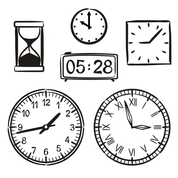 一套用白色背景隔开的手绘手表 不同类型的手表都是涂鸦风格的 沙漏和电子时钟 矢量说明 — 图库矢量图片