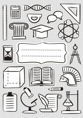 Defter kapak. Okul simgeleriyle dolu kareli bir sayfa. Okul ve eğitim teması, kapak, poster, poster, sunum ve afiş tasarımı için şablon. Vektör illüstrasyonu