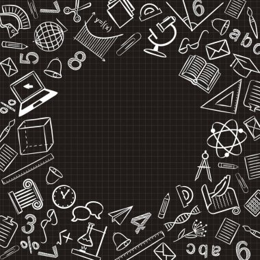 Tebeşir şeklinde okul unsurları olan bir model. Okul fotoğraf albümleri, kitaplar, sunumlar ve posterlerin tasarımı için yuvarlak çerçeve. Hücre arka planında elle çizilmiş vektör okulu simgeleri. Okula geri dön..