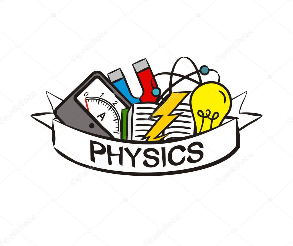 Education Poster in hand drawn style. Physics and Science elements whith white ribbon for text. Vector Template for design on the theme of training, education, physics, university, school, college