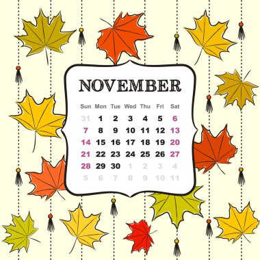 2021 takvimi için tematik şablon. Kasım ayındayız. Sonbahar, sarı ve turuncu akçaağaç yaprakları temalı takvim için tasarım. Vektör el çizimi illüstrasyon, karalama biçimi.