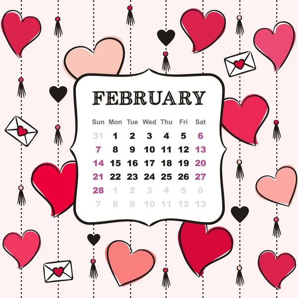 Thematic Template Calendar 2021 Month February Design Calendar Hearts Elements — Stock Vector