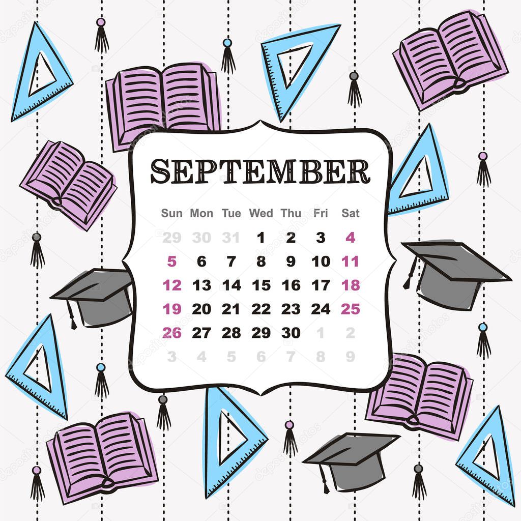 Thematic template for a calendar for 2021. September month. Design for the calendar on the theme of autumn, school, education and the day of knowledge. Vector hand-drawn illustration, doodle style.