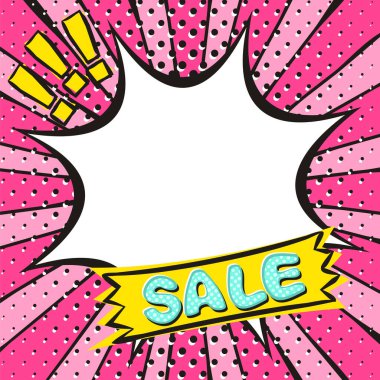 İndirim için parlak bir bayrak ya da Popart tarzı satışlar için. Pembe bir arka planda patlama. Web tasarımı şablonu, afişler, kuponlar, başvurular ve posterler. Vektör illüstrasyonu.