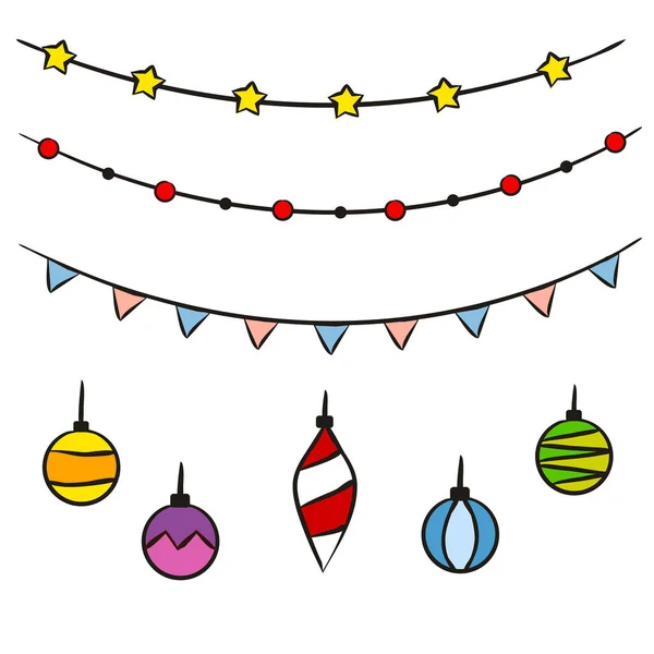 Guirnalda Navidad Dibujada Mano Conjunto Decoraciones Año Nuevo Juguetes Pelotas — Vector de stock