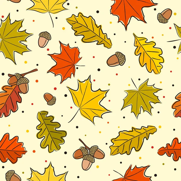 Modèle Automne Sans Couture Fond Feuilles Glands Érable Chêne Dessinés — Image vectorielle