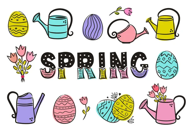 Spring Lettering Elements Seasonal Calendar Hand Drawn Ice Cream Watermelon — Stock Vector