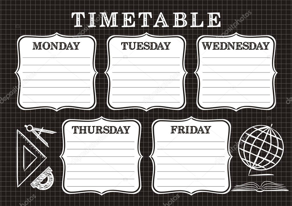 Template of a school schedule for 5 days of the week for students. Vector illustration in chalky styles. Includes hand-drawn elements on a school theme.