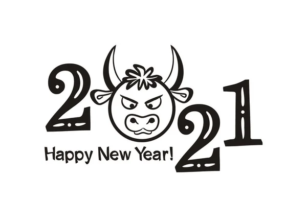 Happy New Year 2021 Black Logo Hand Drawn Numbers Bull — Stock Vector